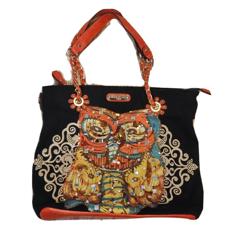 Nicole Lee Handbag Women's Purse Shoulder Black Beaded Sequin Owl Zipper.